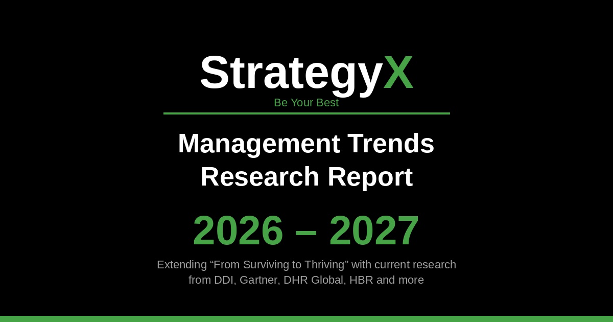 StrategyX Management Trends Research Report 2026–2027 cover — From Surviving to Thriving